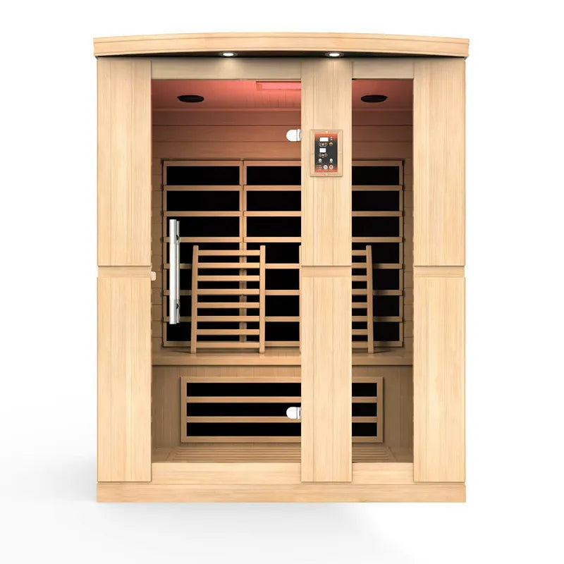 Delta SPA AURA 160 Infrarot-Sauna Frontansicht mit Holzfassade und Glastüren