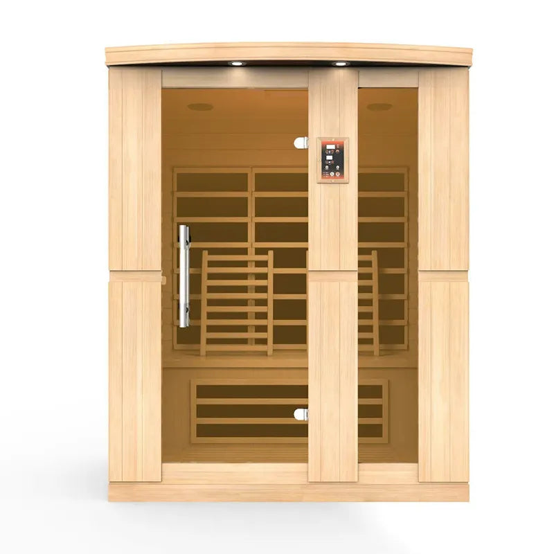 Delta SPA AURA 160 Infrarot-Sauna mit Holzverkleidung, Glastüren und Infrarotheizelementen im Innenraum