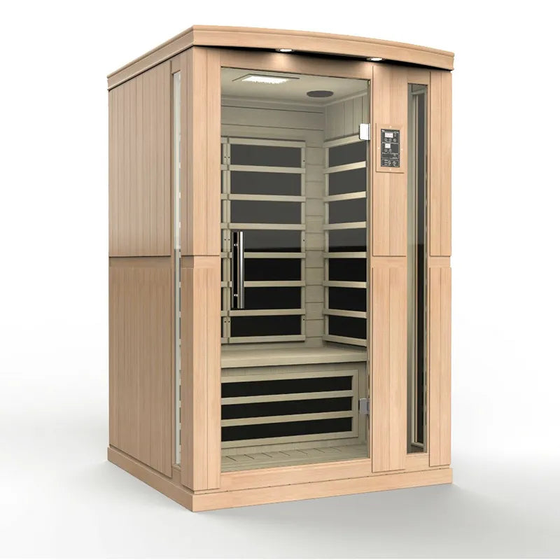 Delta SPA AURA 160 Infrarot-Sauna mit Glastür, Holzaufbau und Holzbänken, Innenansicht