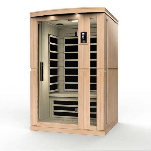 Delta SPA AURA 2 – 120 Infrarotkabine mit Holzrahmen, Glastür und schwarzen Infrarot-Heizelementen im Innenraum