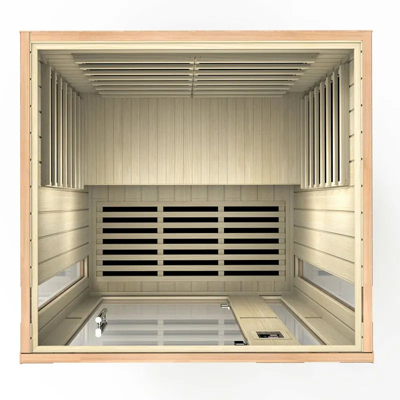 Delta SPA AURA 2 – 120 Infrarot-Sauna Innenraum mit Holzbänken und Infrarot-Heizelementen