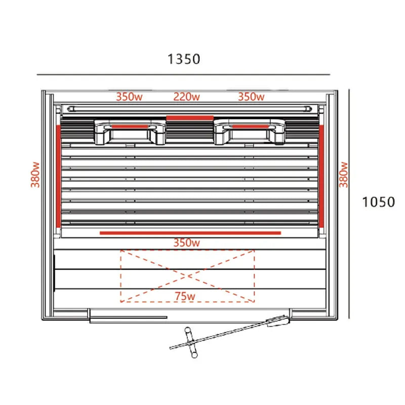Delta SPA COLORINA full spectrum Infrarot-Sauna Draufsicht mit Infrarot-Heizelementen und Leistungsangaben