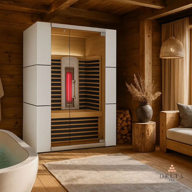 Delta SPA COLORINA full spectrum Infrarot-Sauna mit weißem Rahmen und Glastüren in modernem Wellness-Raum