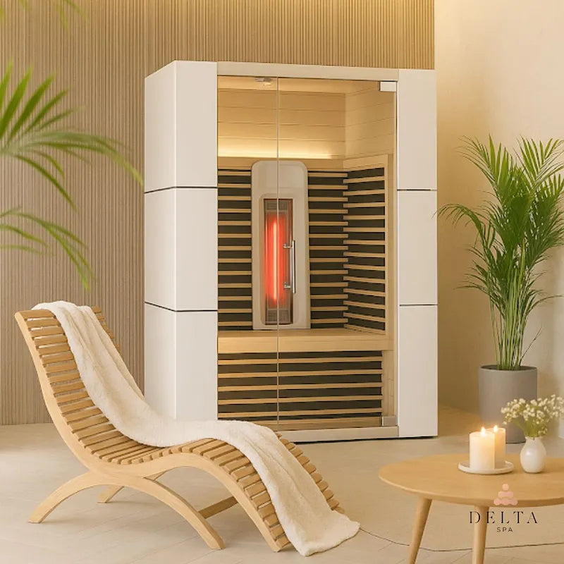 Delta SPA COLORINA full spectrum Infrarot-Sauna mit weißem Rahmen in modernem Wellness-Raum mit Holzliege und Dekoration