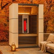 Delta SPA COLORINA full spectrum Infrarot-Sauna mit aktiviertem roten Infrarot-Heizsystem im Garten