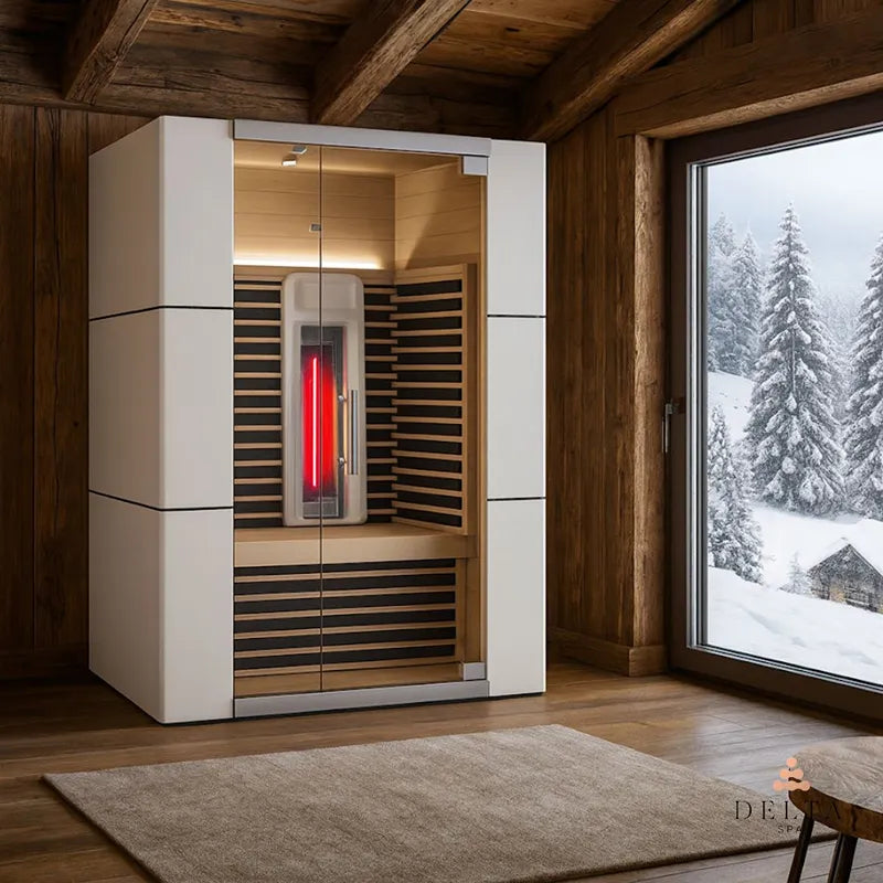 Delta SPA COLORINA full spectrum Infrarot-Sauna mit weißem Rahmen, schwarzen Holzlamellen und rotem Infrarotstrahler im modernen Wellness-Raum