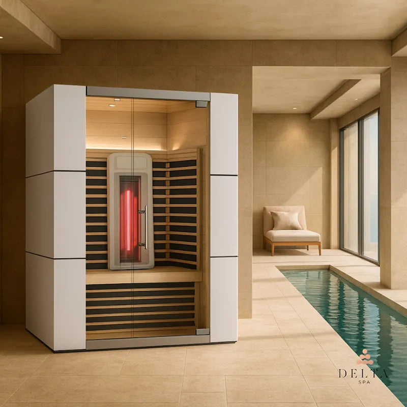 Delta SPA COLORINA full spectrum Infrarot-Sauna mit rotem Infrarotlicht in modernem Wellnessraum neben Swimmingpool