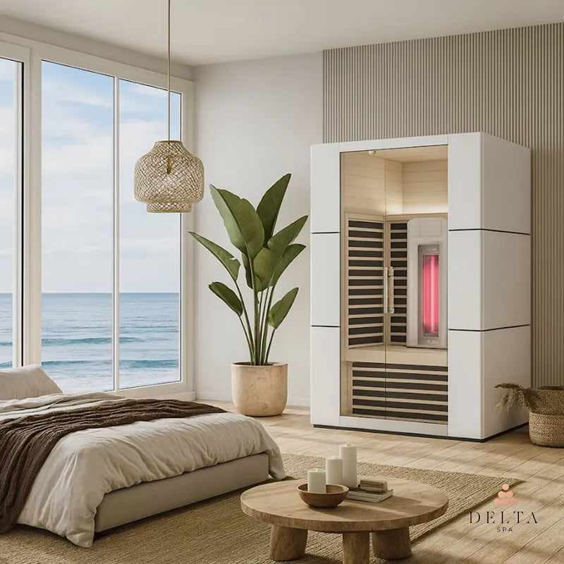 Delta SPA COLORINA full spectrum Infrarot-Sauna mit Glastür im modernen Schlafzimmer mit Meerblick