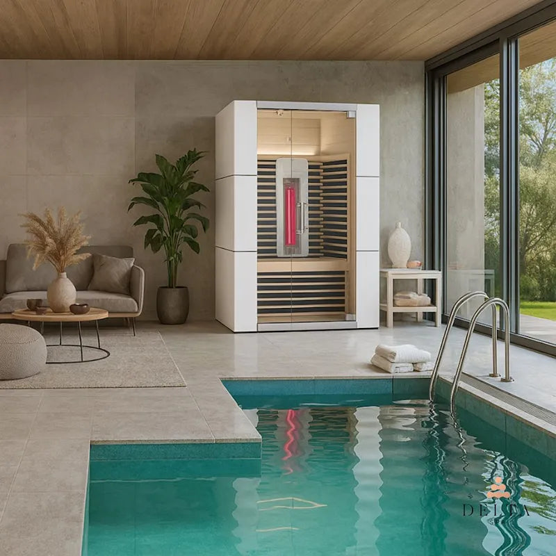 Delta SPA COLORINA full spectrum Infrarot-Sauna mit weißem Rahmen in modernem Wellnessraum neben Indoor-Pool