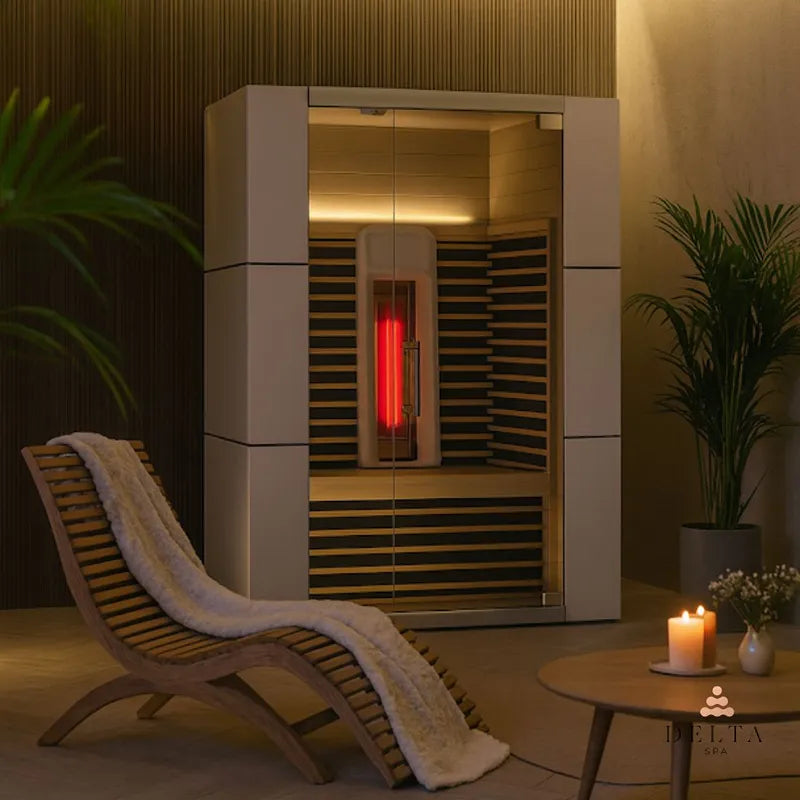 Delta SPA COLORINA full spectrum Infrarot-Sauna mit leuchtenden Heizelementen in modernem Wellness-Raum