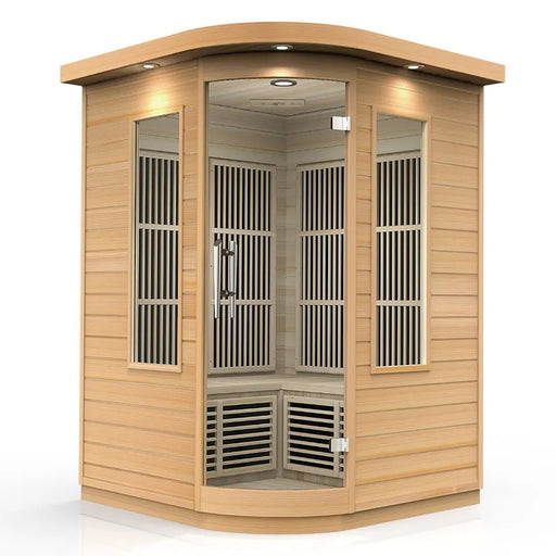 Delta SPA MINI CORNER Infrarot-Sauna mit Holzaußenwand, offener Tür und Infrarotheizstäben