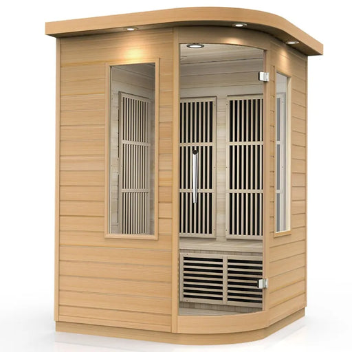 Delta SPA MINI CORNER Infrarot-Sauna mit Holzgehäuse, Glastüren und schwarzen Infrarot-Heizelementen im Innenraum