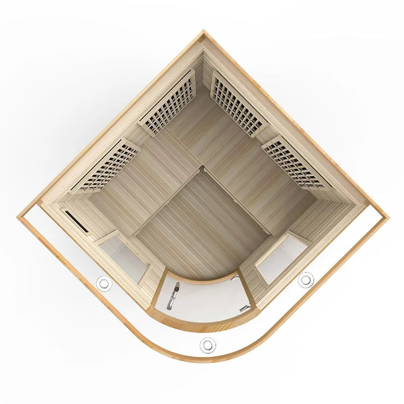 Delta SPA MINI CORNER Infrarot-Sauna Grundriss von oben mit Holzbank und vier Infrarotkabinen