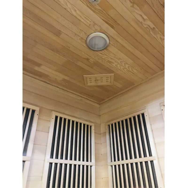 Delta SPA MINI CORNER Infrarot-Sauna Innenraum mit Holzdecke und Infrarot-Heizelementen