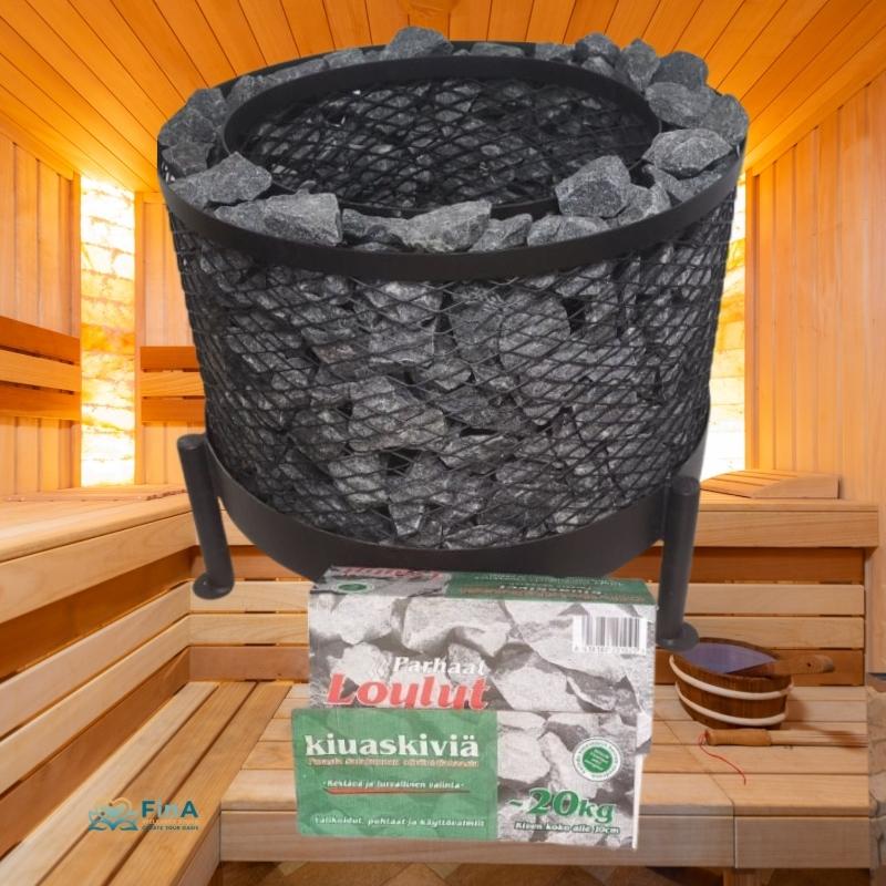 Saunaofen mit Diabas Saunasteinen und 20 kg Kiuaskiviä Paket in stimmungsvoller Sauna