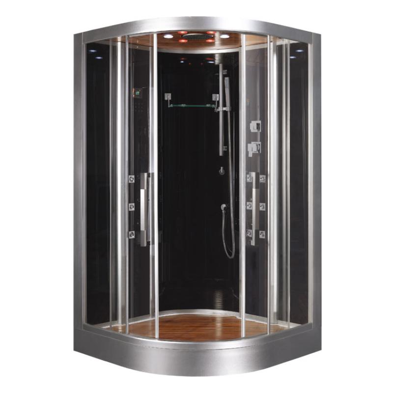 Luxus-Dampfdusche EAGO AWT DZ962F8 mit schwarzer Glasrückwand, Holzfußboden, silbernem Aluminiumrahmen und integrierten Massagedüsen