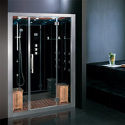 Modernes Dampfduschkabine EAGO AWT DZ972F8 mit schwarzem Glas, Holzrost und integrierten Armaturen in elegantem Badezimmer