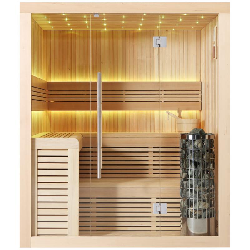 Moderne Infrarot-Sauna mit Hemlock-Holzverkleidung, LED-Beleuchtung, Saunaofen und Glasfront für bis zu 4 Personen