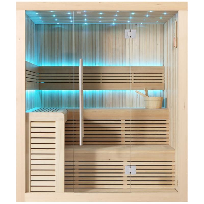 Moderner Saunaraum EAGO AWT E1112C mit Hemlock-Holz, Glastüren, LED-Beleuchtung in Blau und drei Sitzbänken für zwei bis vier Personen.