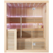 EAGO AWT E1112C Hemlock Sauna mit LED-Beleuchtung, Holzbänken in mehreren Ebenen, Glastür und Holzwanne auf hellem Holzboden