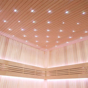 Saunadecke und -wände mit Hemlock-Holzverkleidung, eingelassenen LED-Spotlights und moderner Beleuchtung der EAGO AWT E1112C Sauna