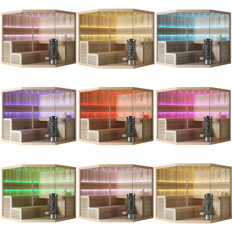 EAGO AWT E1112C Hemlock Sauna in neun verschiedenen LED-Farbvarianten mit Glastür, Holzbänken und schwarzem Saunaofen