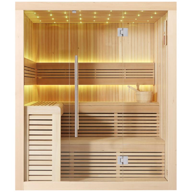 EAGO AWT E1112C Hemlock Sauna mit Glastür, mehreren Holzbänken, integrierter Beleuchtung und Saunaeimer in warmem Nadelholzton