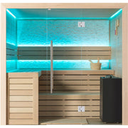 Moderne Sauna EAGO AWT E1602C mit Glastür, Holzbänken in zwei Ebenen, LED-Beleuchtung in Türkis und Saunaofen für 3 Personen