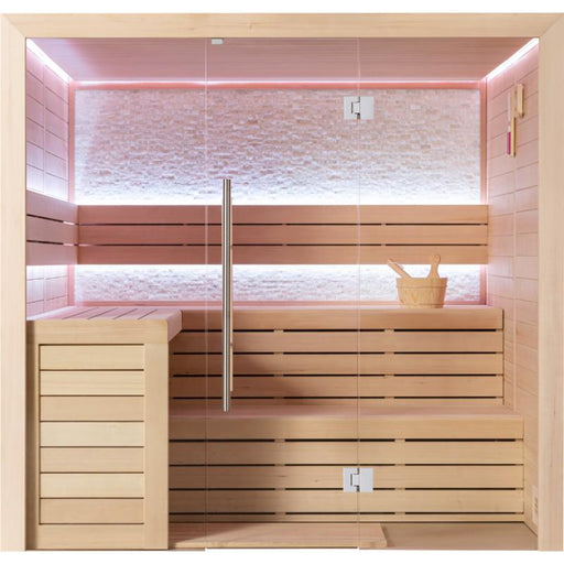 Modernes Saunainneres mit Holzbänken, Glastür und rosa LED-Beleuchtung an der Decke, EAGO AWT E1602C Hemlock Sauna für 3 Personen.