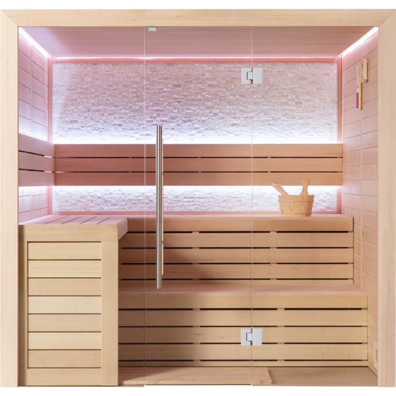 Moderne Infrarotsauna EAGO AWT E1602C mit Hemlock-Holz, zwei Liegen, Glastür und rosa LED-Beleuchtung an Decke und Rückwand, Innenansicht von vorne