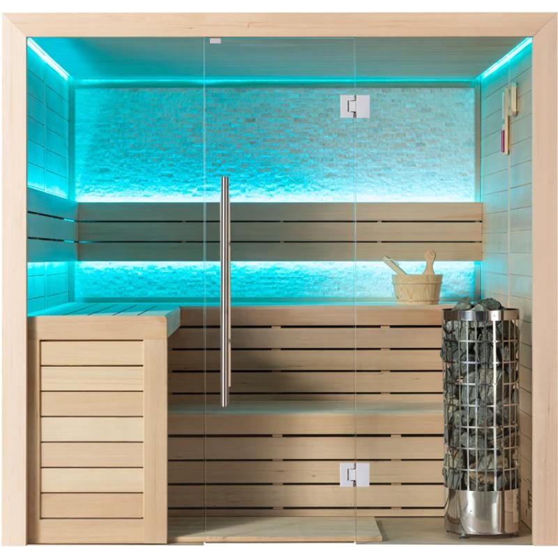 Moderne Infrarotsauna EAGO AWT E1602C mit Holzbank, Glastür und türkisblauer LED-Beleuchtung an den Seitenwänden, Saunaofen und Zubehör sichtbar