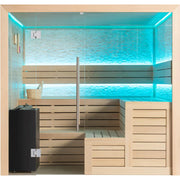 EAGO AWT E1603A Hemlock Sauna mit Glaspaneelen, LED-Beleuchtung in Türkis, Holzbänken und schwarzem Ofen für 4+ Personen