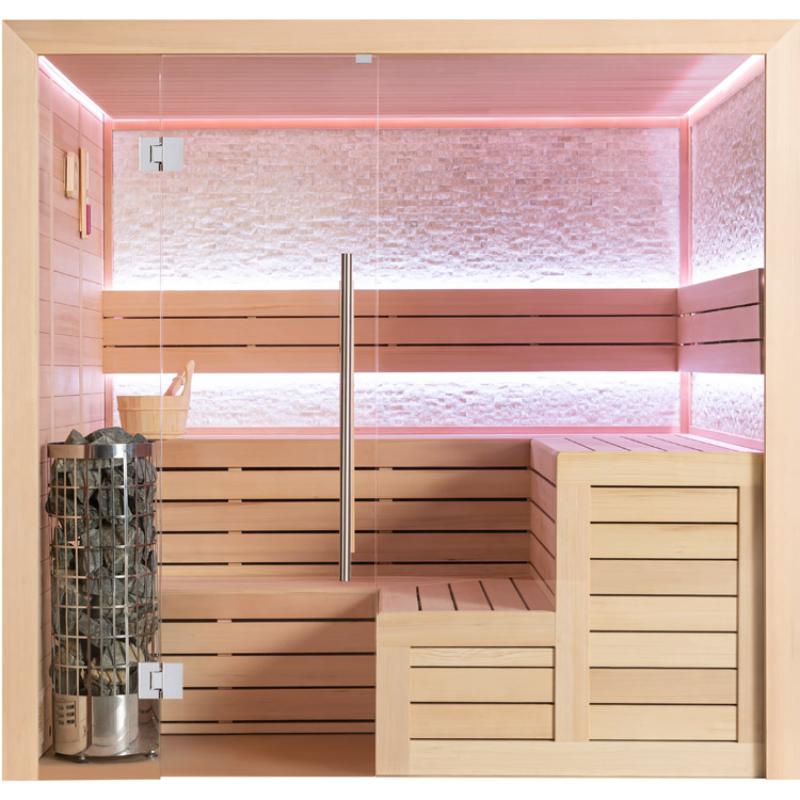 Moderne Infrarot-Sauna EAGO AWT E1603C aus Hemlock-Holz mit beige Sichtfenstern, LED-Beleuchtung an Wänden und Decke, Holzbänken und integriertem Saunaofen für 3-4 Personen
