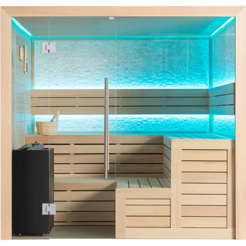EAGO AWT E1603C Hemlock Sauna mit LED-Beleuchtung, Holzbänken und Glasfront für 3-4 Personen