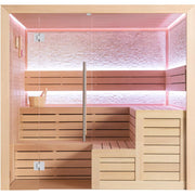 Moderne Infrarotsauna EAGO AWT E1603C mit Glastür, Flächenstrahler und LED-Beleuchtung, Innenansicht mit Holzbänken