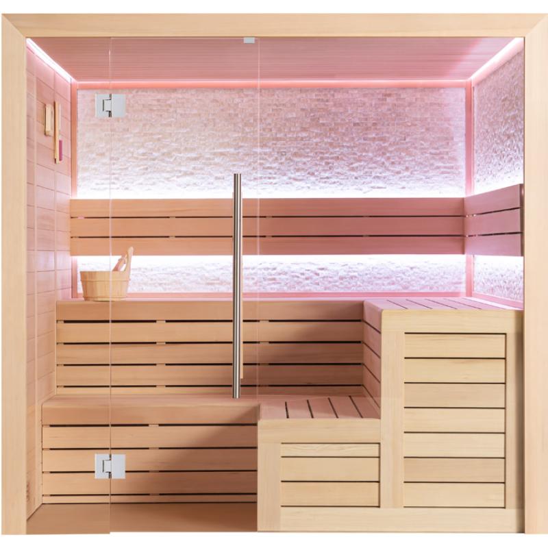 Moderne Infrarotsauna EAGO AWT E1603C mit Glastür, Flächenstrahler und LED-Beleuchtung, Innenansicht mit Holzbänken