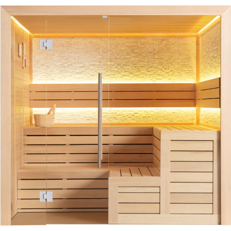 Moderne Infrarot-Sauna mit heller Hemlock-Holzverkleidung, LED-Beleuchtung an den Wänden, Glastür und Holzbänken für 3-4 Personen