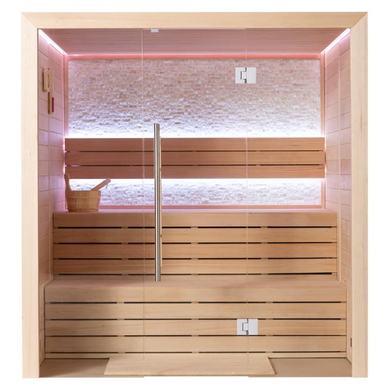 Moderne Infrarotsauna EAGO AWT E1604B mit Hemlock-Holzverkleidung, Glastür, LED-Beleuchtung in Pink und Holzbänken für bis zu 4 Personen, Frontalansicht
