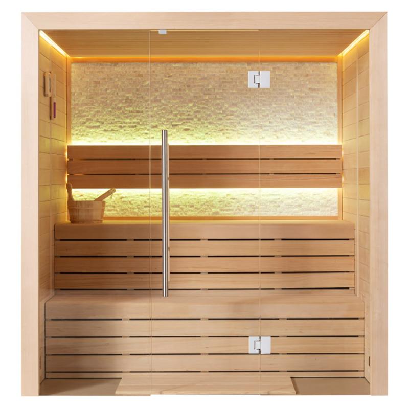 Modell EAGO AWT E1604B Hemlock Sauna für 2-4 Personen mit Glastür, Holzbänken auf zwei Ebenen, LED-Beleuchtung und Saunazubehör