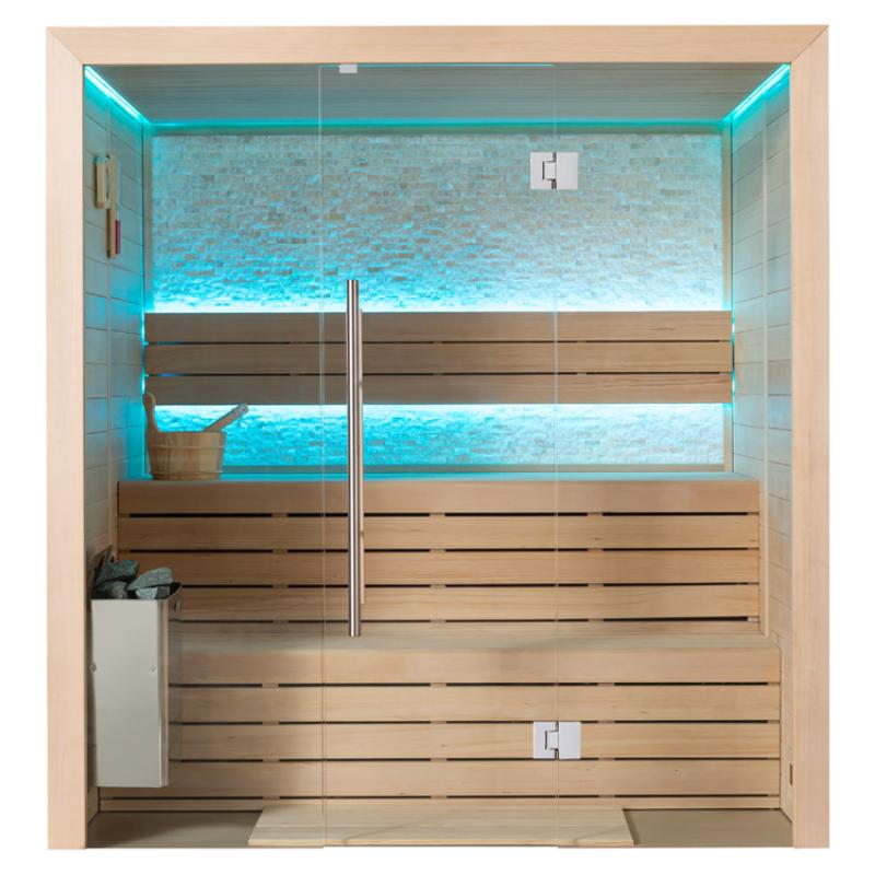 EAGO AWT E1604C Hemlock Sauna mit Glastür, Holzbänken und LED-Beleuchtung in Blau, Ansicht von oben