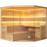 Moderne Infrarot-Sauna aus Hemlock-Holz mit Glastür, LED-Beleuchtung und zwei Sitzbänken für 4+ Personen