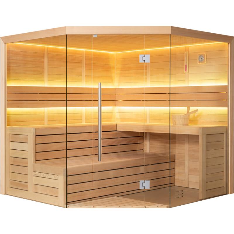 Moderne Infrarot-Sauna aus Hemlock-Holz mit Glastür, LED-Beleuchtung und zwei Sitzbänken für 4+ Personen