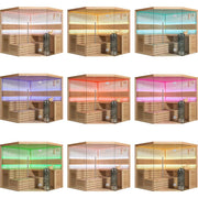 EAGO AWT E1611C Hemlock Sauna in neun verschiedenen LED-Farbvarianten mit Glastüren, Holzausstattung und Saunaofen, 180x180 cm.