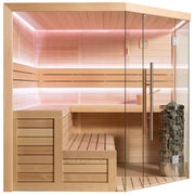 EAGO AWT E1611C Infrarot-Sauna aus Hemlock-Holz mit rosafarbener LED-Beleuchtung, Glastür und Saunaofen für 3-4 Personen