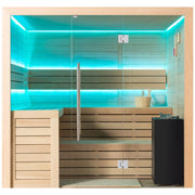 EAGO AWT E1612A Hemlock Sauna mit türkiser LED-Beleuchtung, Glastür, mehrstöckigen Holzbänken und schwarzem Saunaofen für 4+ Personen
