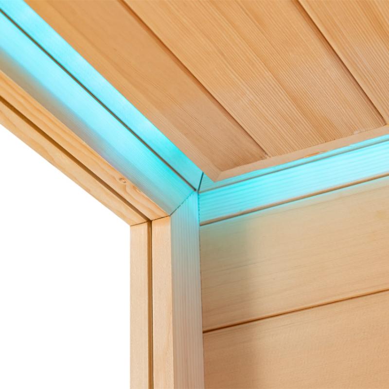 Detailansicht der Saunaecke EAGO AWT E1612B mit Hemlock-Holzverkleidung, blauem Metallrahmen und Deckenleisten