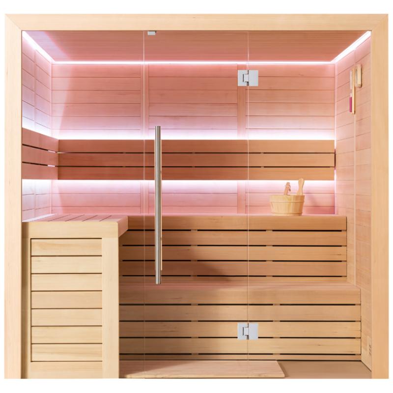 Infrarotsauna mit Hemlock-Holz, rosa LED-Beleuchtung an Wänden und Decke, zwei Holzbänke, Glastür mit Edelstahlgriff und Saunazubehör auf der rechten Bank.