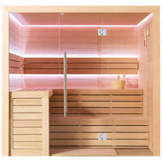 EAGO AWT E1612C Infrarotsauna mit Hemlock-Holz, Glastür, LED-Beleuchtung und Sitzbank für 2-4 Personen, Frontalansicht.