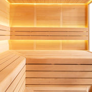 Innenansicht der EAGO AWT E1613A Hemlock Sauna mit Holzbänken, LED-Beleuchtung und geräumigem Platz für mehrere Personen