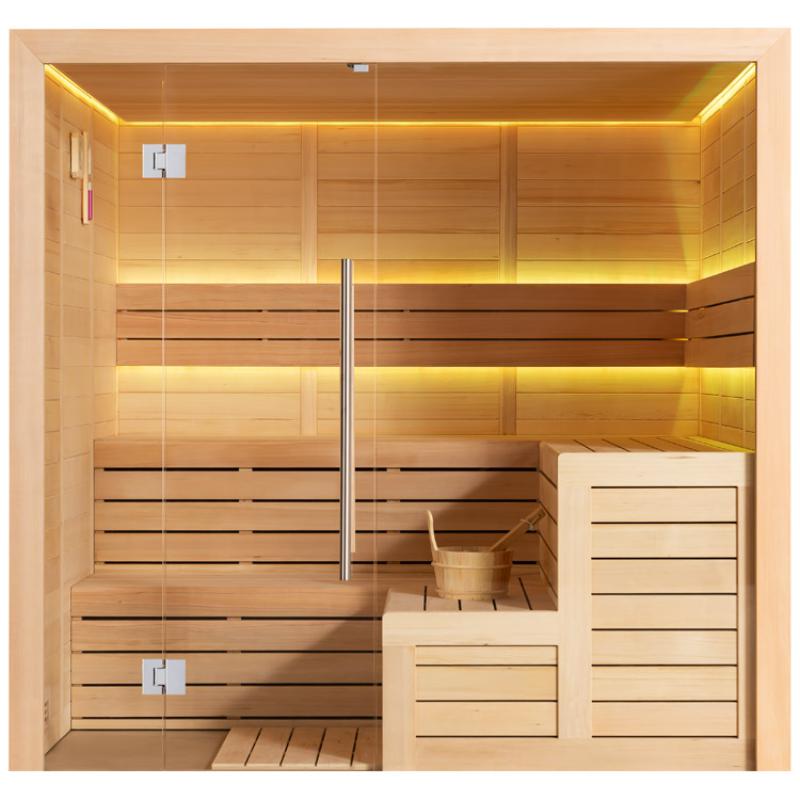 Innenansicht der EAGO AWT E1613A Hemlock Sauna mit Glastür, hölzernen Bänken und golden beleuchteter Decke für 4+ Personen